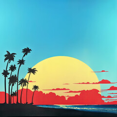 Obraz premium Silhouettes of palm trees against setting sun and sky on tropical island,