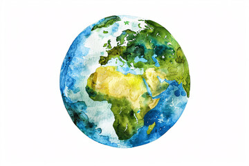 A watercolor painting of the Earth showing Europe Africa and parts of Asia with vibrant blue green and yellow hues