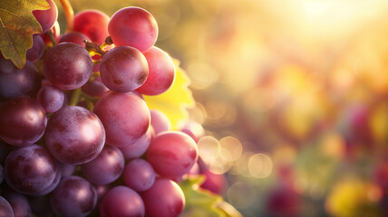 Red wine grapes growing outdoors in a vineyard on a sunny autumn day, with copy space