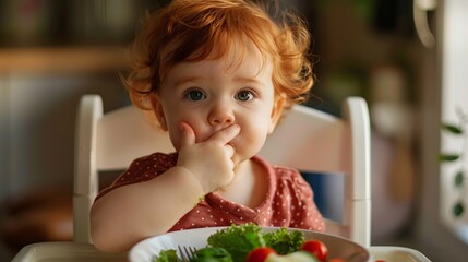 Fototapeta premium A toddler with red hair is sitting in a high chair with a plate of salad