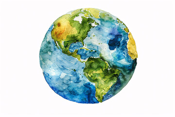 watercolor painting portrays Earth with an emphasis on North and South America in dynamic blues and greens
