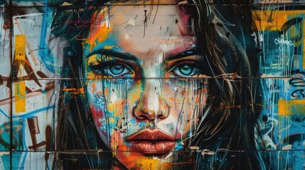 A colorful painting of a woman's face with a red lip. Generate AI image