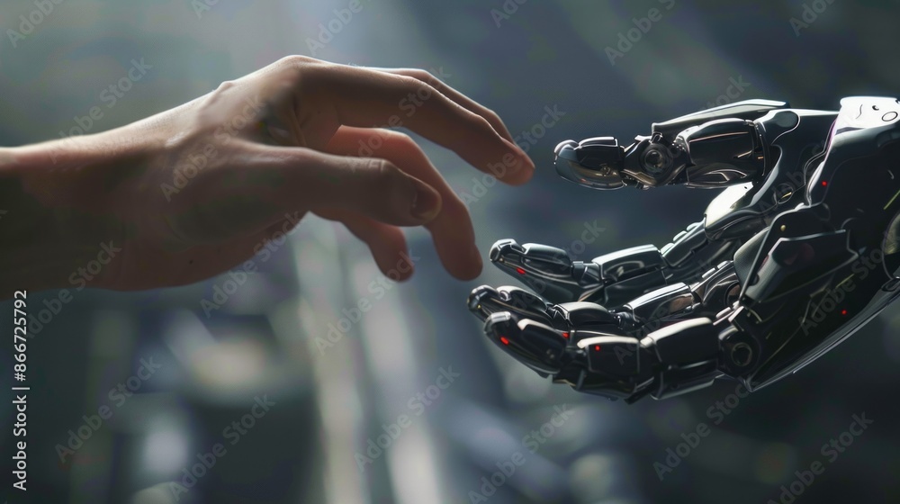 Poster Human and robotic hands symbolize the merging of technology and humanity, sparking curiosity and concern for our future ties with machines
