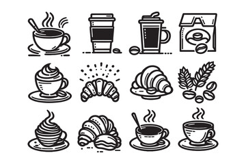 set of vector line icons related to food. croissants, coffee, cakes