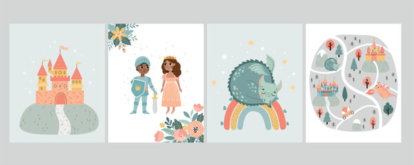 Fototapeta premium A set of vector children's magic greeting cards featuring princes, princesses, and castles. Perfect for birthday invitations, nursery decor, party decorations, and educational materials. 