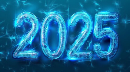 A glowing 2025 numerical display with electric effects on a blue background
