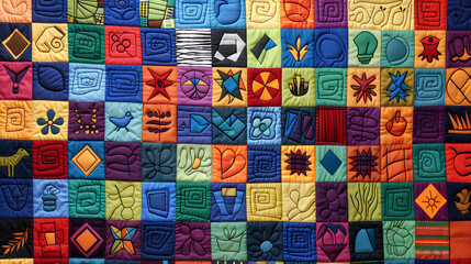  A vibrant and colorful quilt with various geometric patterns, including squares, triangles, circles, flowers, animals,and African American culture