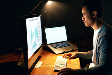 Side view, businessman and computer with chart screen for feedback, review and market research in dark office. Programmer guy, monitor and data analytics for app development, coding and website stats