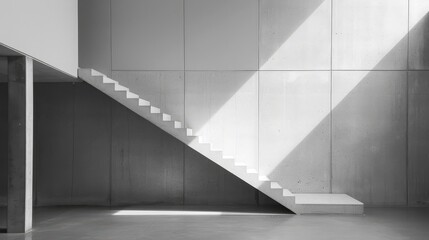 Obraz premium minimalist staircase against cement wall, side lit architecture background, black and white, contemporary urban design