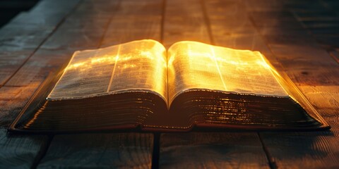 A person holds an open bible on a wooden table, ready for study or reading