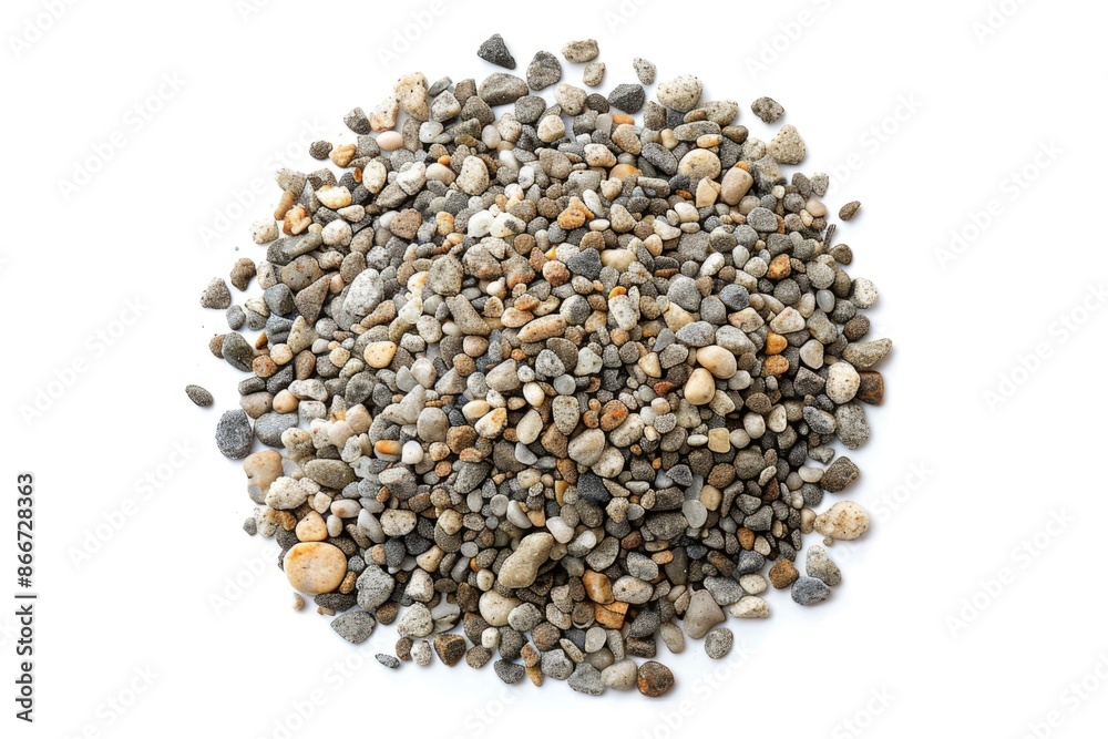 Poster a single pile of gravel resting on a white surface, with clean lines and defined edges