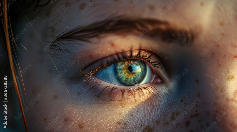 Poster A close-up of a person's eye with distinctive freckles, suitable for use in portraits or illustrations