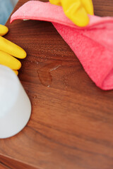 Woman in rubber gloves cleaning wooden table with rag and cleaning solution, closeup of hand