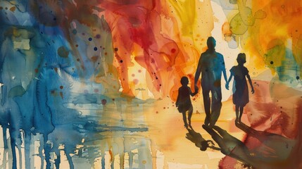 Fototapeta premium Artistic unity: Abstract watercolor scene with the silhouettes of parents and children walking away, evoking a sense of family and connection