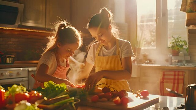 Mother and daughter in aprons are cooking vegetarian food at the kitchen table