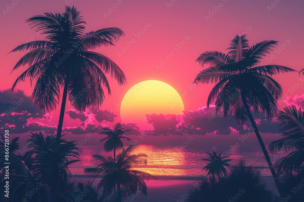 Aufkleber sunset scene with palm trees reflected in calm water, ideal for travel or relaxation illustrations