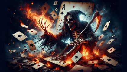 Death's Hand in a Game of Fire - A skeletal figure of Death sits amidst a fiery inferno of playing cards, holding a glowing orb, with a grim and powerful expression.