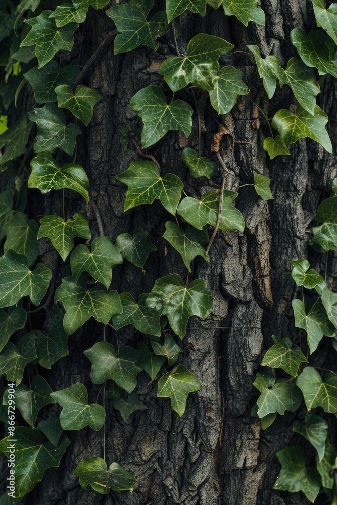 Poster a detailed view of a tree trunk covered in lush green leaves, ideal for nature and environmental-the