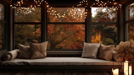 A window with a view of trees and a bench with pillows. Scene is cozy and relaxing