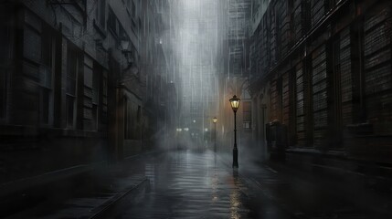 Fototapeta premium A rainy city street with a street lamp in the middle. The street is empty and the rain is falling