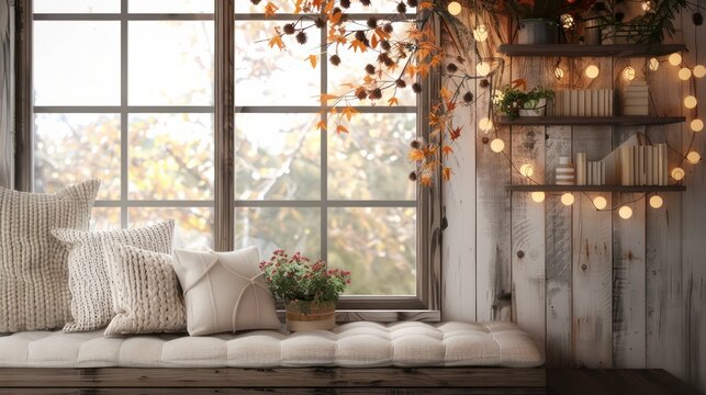 A cozy living room with a window and a bench. The bench is covered with a white blanket and has a potted plant on it. The room is decorated with autumn-themed items, such as a wreath
