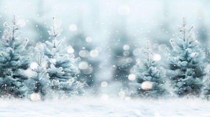 A snowy forest with two pine trees in the foreground and background. The trees are covered in snow and the snow is falling from the sky. The scene is peaceful and serene