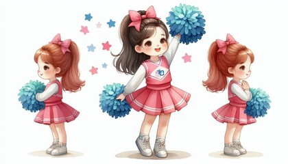 Cheerleading Trio: A Watercolor Illustration - Three adorable girls in matching cheerleading outfits with pom-poms, portrayed in a whimsical watercolor style.