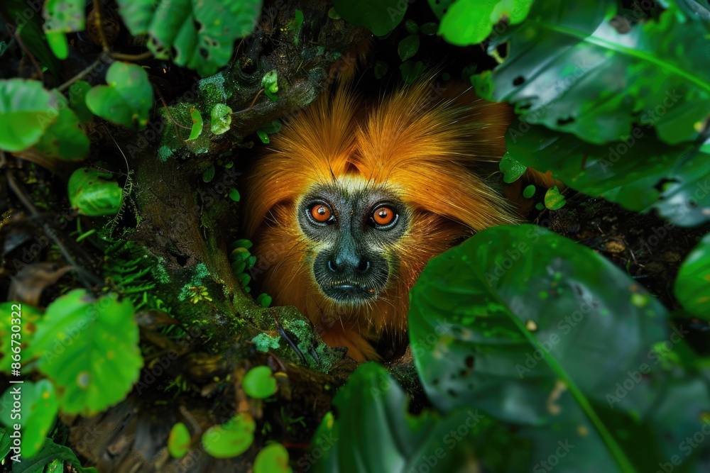 Aufkleber a close-up shot of a monkey sitting in a tree, looking around