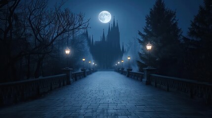 A moonlit night with a castle in the background. The castle is surrounded by trees and there are lights on the path. Scene is mysterious and enchanting
