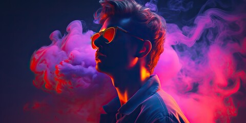 Obraz premium Man in sunglasses with smoke vipe on pink neon background decoration scene