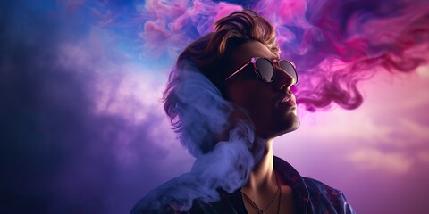 Obraz premium Man in sunglasses with smoke vipe on pink neon background decoration scene