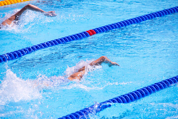 Swimmers swimming using freestyle or front crawl during sport swim meet in an Olympic-size swimming pool