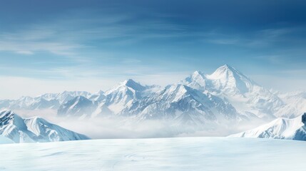 Obraz premium A mountain range is visible in the distance with a clear blue sky. The mountains are covered in snow, giving the scene a serene and peaceful atmosphere. The vast expanse of snow-covered land