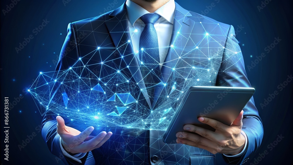 Wall mural Businessman Holding a Tablet with a Digital Network Interface - A businessman in a suit holds a tablet in his right hand, while his left hand hovers over a glowing digital network interface. - Wall murals