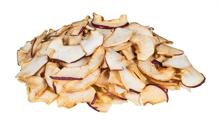 Close-up a pile of dried apple slices isolated on a white background. Heap of yummy homemade dehydrated apples. Healthy vegetarian eat from thin fruit chips of sweet and sour flavor. Organic raw diet.
