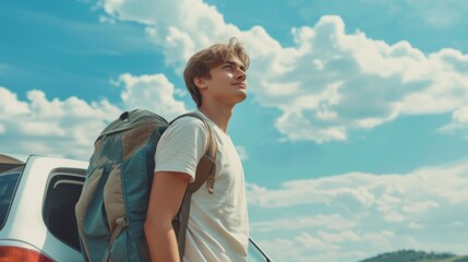 young man steps out of a car ready for an adventure