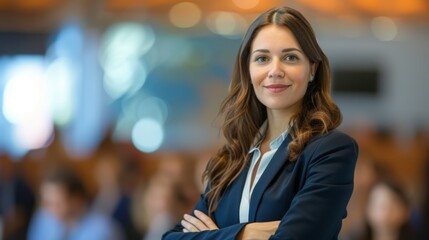 Obraz premium Female speaker at a conference with a confident and expressive look