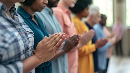 Fototapeta premium A group of people pray together for moral support holding hands and bowing their heads