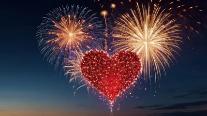 Fireworks Heart in Night Sky - A heart shape formed by fireworks explodes in the night sky, surrounded by other fireworks.