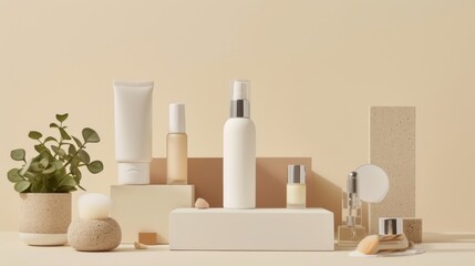 A skincare lotion bottle alongside other cosmetic products arranged on a stylish and coordinated background