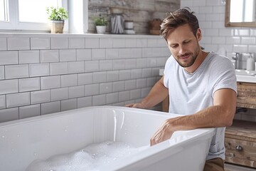 Plumber works on bathroom repairs and installations.