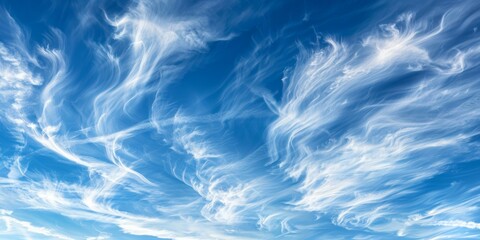 Obraz premium Majestic skyscape featuring wispy white clouds against deep blue sky suitable for creating soothing backdrops, holiday greetings, or inspirational themes. Copy space.