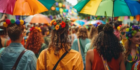 Naklejka premium Lively crowd of diverse individuals in colorful attire at gay pride parade holding rainbow umbrellas and wearing flower crowns celebrating pride month.