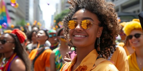 Obraz premium Exuberant crowd of diverse participants wearing colorful clothing and reflecting sunglasses at gay pride parade in bustling city street during Pride Month celebration.