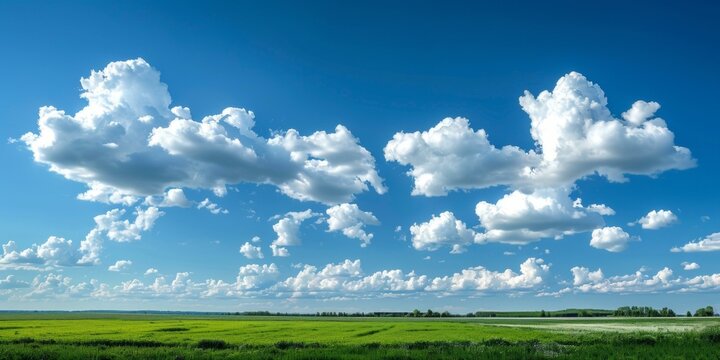 Breathtaking skyscape showcasing bright blue sky filled with billowing white clouds over sprawling green field.