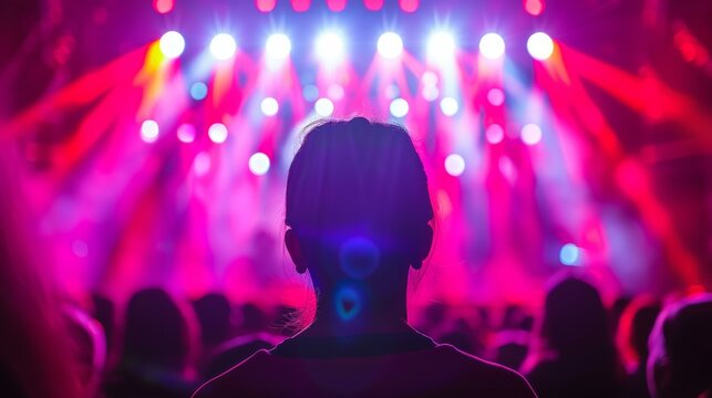 Mesmerizing rock concert featuring diverse fans silhouetted against vibrant pink and purple stage lights, enjoying thrilling live performance.