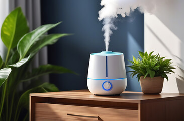 A white indoor humidifier against a background of deciduous plants.