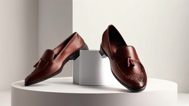a pair of stylish, brown leather loafers with a sleek, modern design.