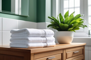 A stack of clean white terry towels in the bathroom