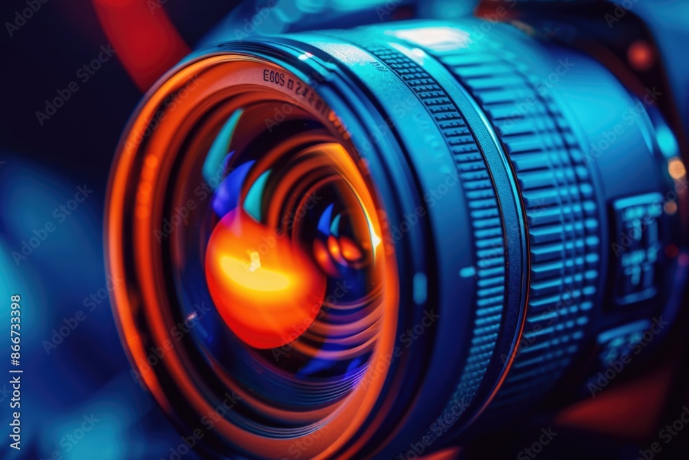 Poster a close-up view of a camera lens with a blurred background, perfect for photography or technology-re